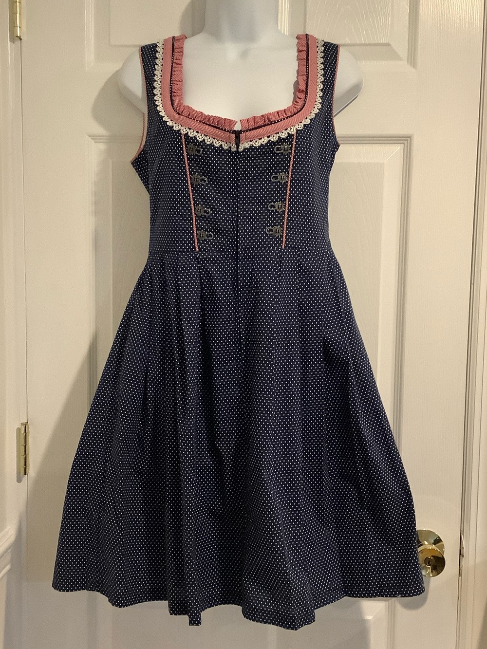 HIZITI Navy Polkadot German Oktoberfest Dirndl Milkmaid Beermaid Lace Up Dress S